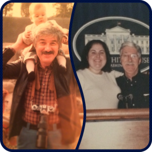 Man with camera around his neck with baby on his shoulder/ Same man, older now next to young adult woman. Both stand in front of podium in front White House logo and crest.